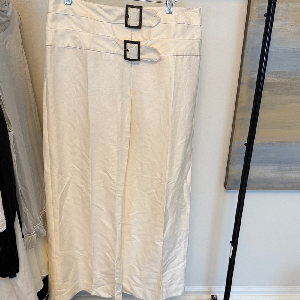 Valentino Cream Wide-Leg Pants with Buckle Detail